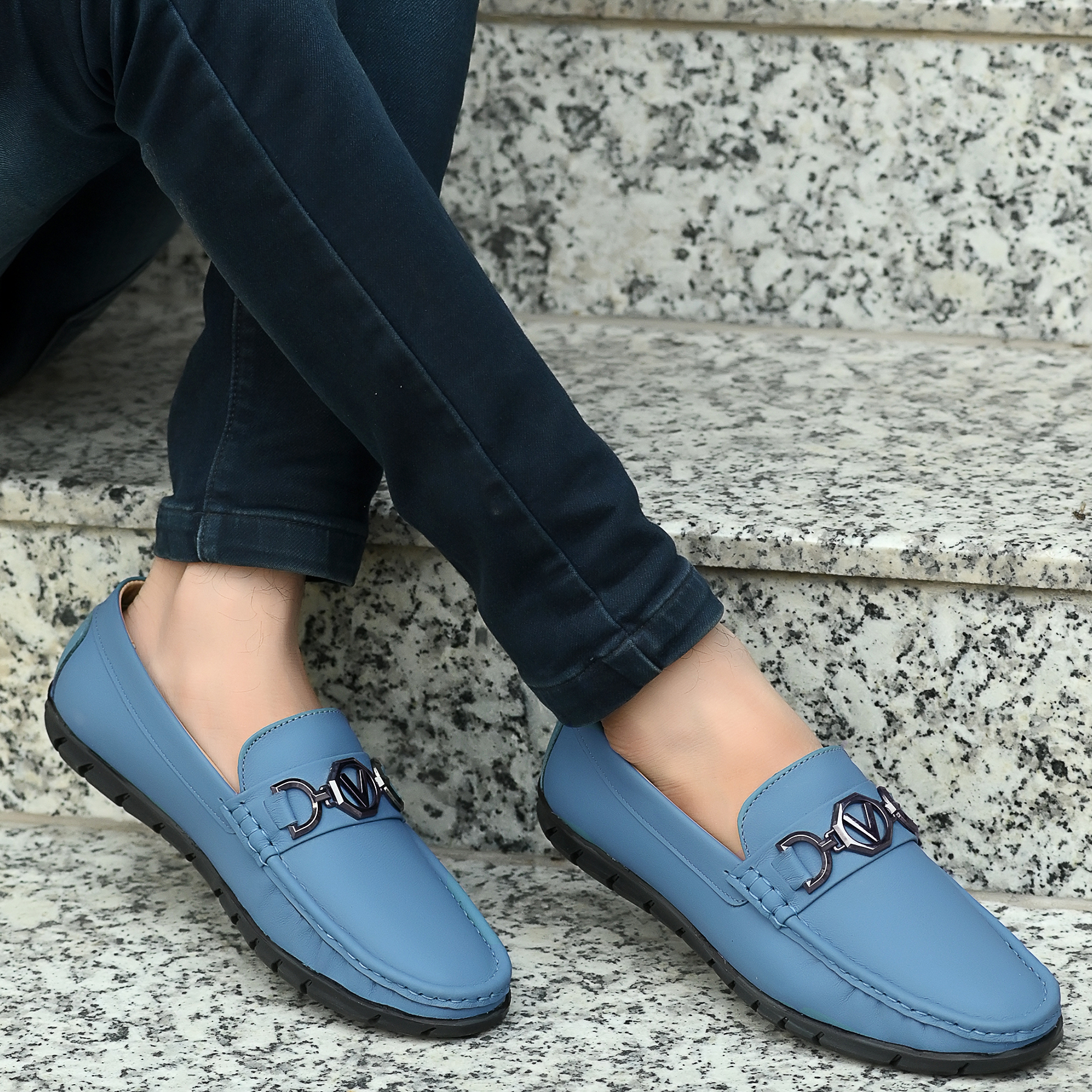 Men's Blue Loafers In Genuine Leather